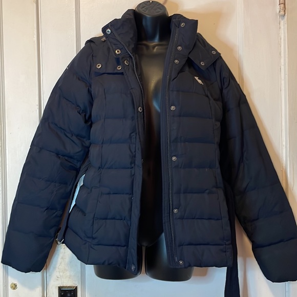 Abercrombie & Fitch Navy Blue Belted Hooded Down Puffer Jacket Size L - Picture 13 of 16